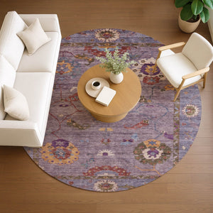 HomeRoots 8' Elegant Floral Medallion Round Area Rug in Rich Plum, Gold & Red - Washable for Indoor/Outdoor Use 639487