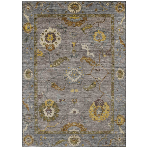 HomeRoots 5' Elegant Pewter Gray & Gold Floral Medallion Area Rug – Washable Indoor/Outdoor, Durable Design 639492