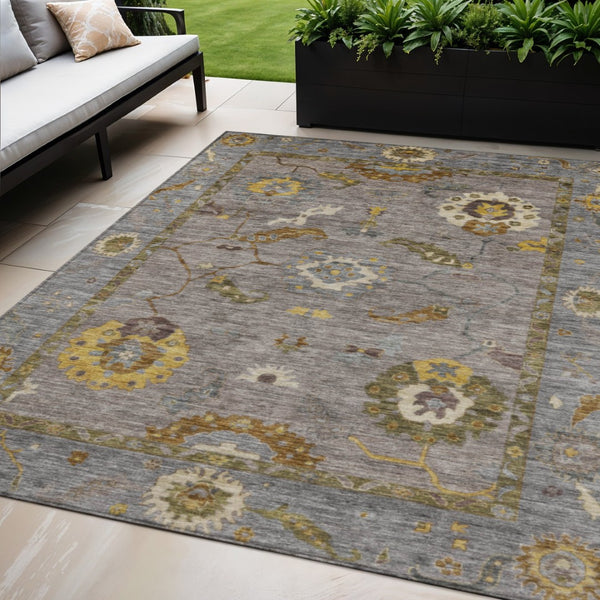 HomeRoots 5' Elegant Pewter Gray & Gold Floral Medallion Area Rug – Washable Indoor/Outdoor, Durable Design 639492