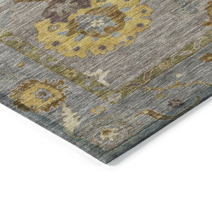 HomeRoots 5' Elegant Pewter Gray & Gold Floral Medallion Area Rug – Washable Indoor/Outdoor, Durable Design 639492