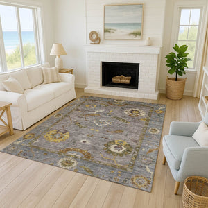 HomeRoots 5' Elegant Pewter Gray & Gold Floral Medallion Area Rug – Washable Indoor/Outdoor, Durable Design 639492