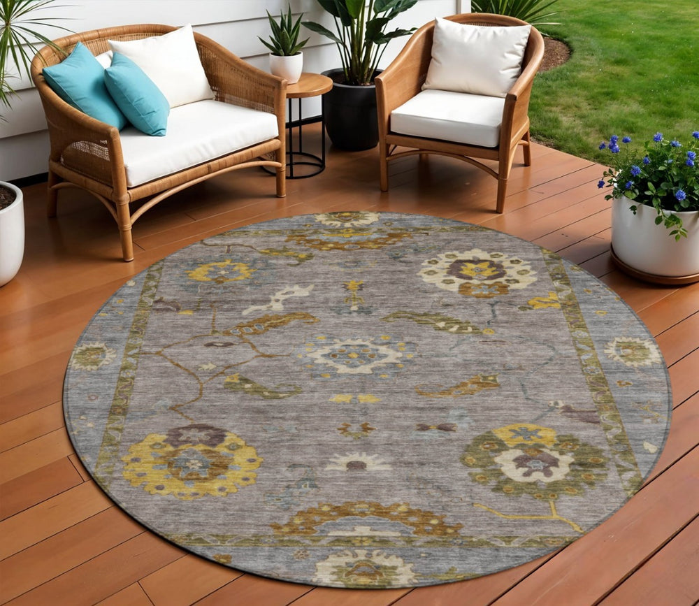 HomeRoots 8' Pewter Gray and Gold Round Floral Medallion Rug - Washable, Durable, Versatile for Indoor/Outdoor Use 639493