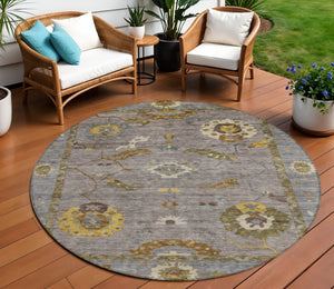 HomeRoots 8' Pewter Gray and Gold Round Floral Medallion Rug - Washable, Durable, Versatile for Indoor/Outdoor Use 639493