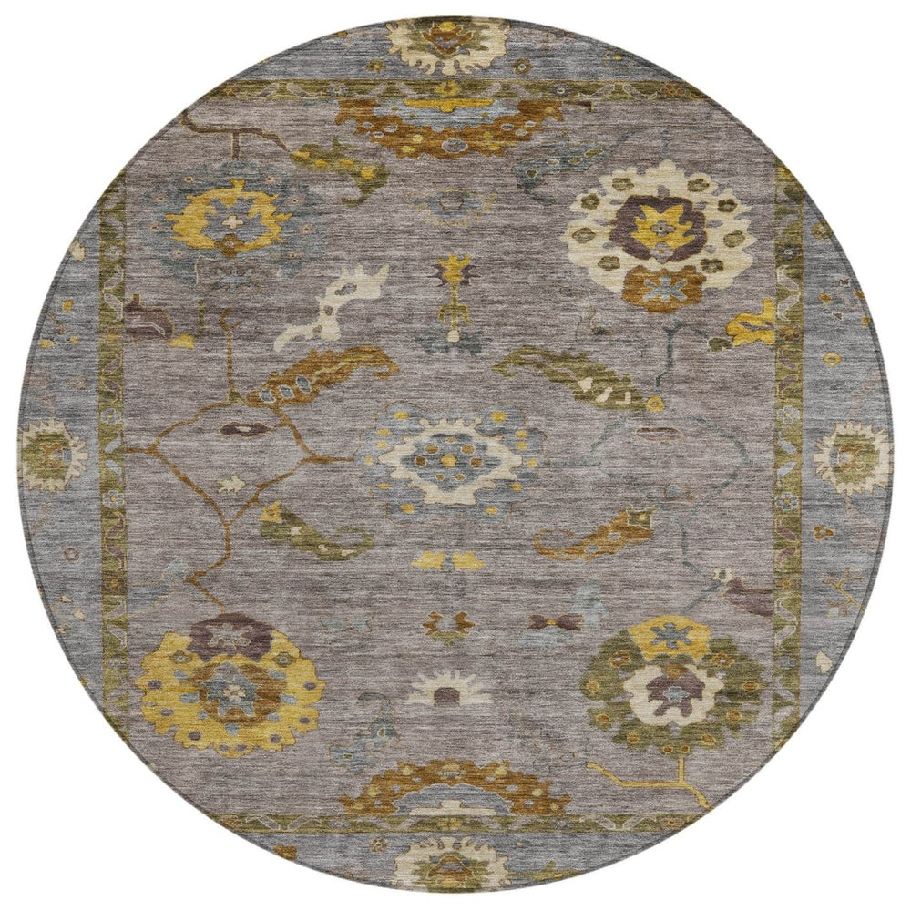 HomeRoots 8' Pewter Gray and Gold Round Floral Medallion Rug - Washable, Durable, Versatile for Indoor/Outdoor Use 639493