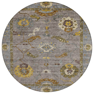 HomeRoots 8' Pewter Gray and Gold Round Floral Medallion Rug - Washable, Durable, Versatile for Indoor/Outdoor Use 639493