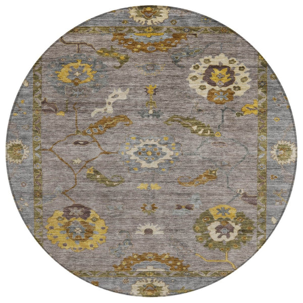 HomeRoots 8' Pewter Gray and Gold Round Floral Medallion Rug - Washable, Durable, Versatile for Indoor/Outdoor Use 639493