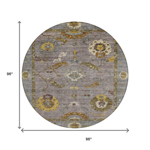 HomeRoots 8' Pewter Gray and Gold Round Floral Medallion Rug - Washable, Durable, Versatile for Indoor/Outdoor Use 639493