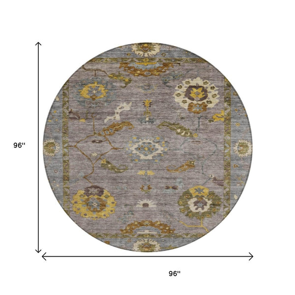 HomeRoots 8' Pewter Gray and Gold Round Floral Medallion Rug - Washable, Durable, Versatile for Indoor/Outdoor Use 639493