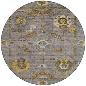 HomeRoots 8' Pewter Gray and Gold Round Floral Medallion Rug - Washable, Durable, Versatile for Indoor/Outdoor Use 639493
