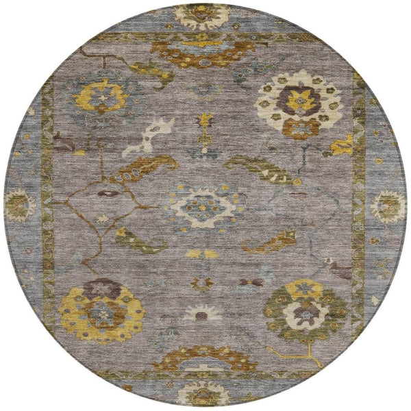 HomeRoots 8' Pewter Gray and Gold Round Floral Medallion Rug - Washable, Durable, Versatile for Indoor/Outdoor Use 639493