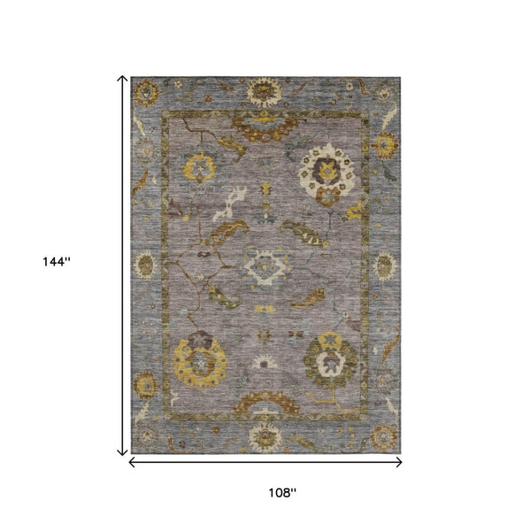 HomeRoots 9' X 12' Elegant Pewter Gray & Gold Floral Medallion Rug - Washable for Indoor/Outdoor Use! 639495