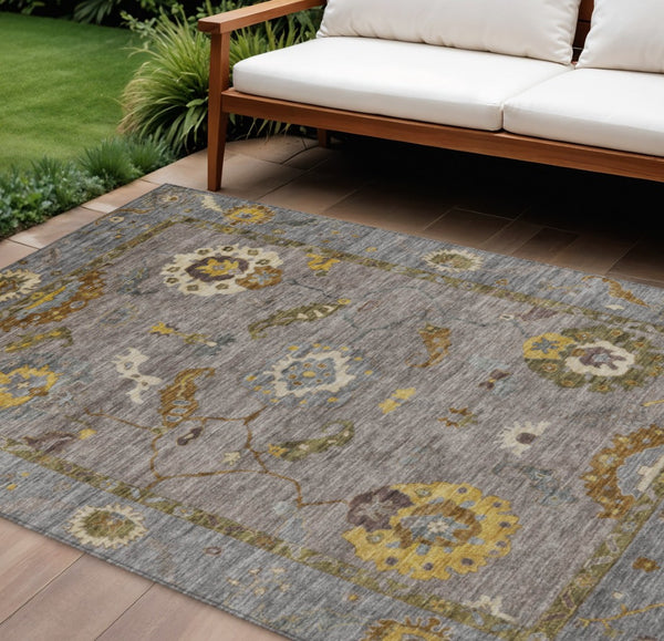 HomeRoots 9' X 12' Elegant Pewter Gray & Gold Floral Medallion Rug - Washable for Indoor/Outdoor Use! 639495