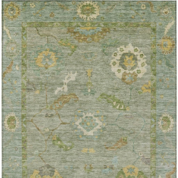 HomeRoots 5' Sage & Gold Floral Medallion Area Rug - Washable, Stain-Resistant, Indoor/Outdoor Versatility! 639498
