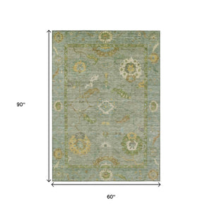 HomeRoots 5' Sage & Gold Floral Medallion Area Rug - Washable, Stain-Resistant, Indoor/Outdoor Versatility! 639498