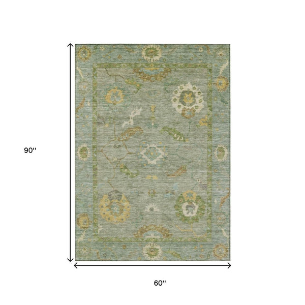HomeRoots 5' Sage & Gold Floral Medallion Area Rug - Washable, Stain-Resistant, Indoor/Outdoor Versatility! 639498