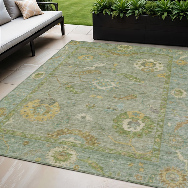 HomeRoots 5' Sage & Gold Floral Medallion Area Rug - Washable, Stain-Resistant, Indoor/Outdoor Versatility! 639498