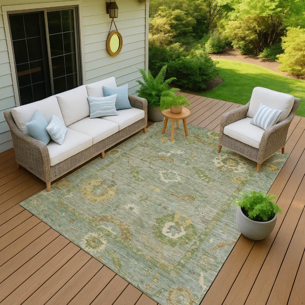 HomeRoots 5' Sage & Gold Floral Medallion Area Rug - Washable, Stain-Resistant, Indoor/Outdoor Versatility! 639498