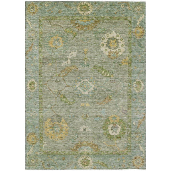 HomeRoots 5' Sage & Gold Floral Medallion Area Rug - Washable, Stain-Resistant, Indoor/Outdoor Versatility! 639498