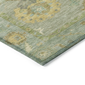 HomeRoots 5' Sage & Gold Floral Medallion Area Rug - Washable, Stain-Resistant, Indoor/Outdoor Versatility! 639498