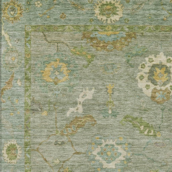 HomeRoots 5' Sage & Gold Floral Medallion Area Rug - Washable, Stain-Resistant, Indoor/Outdoor Versatility! 639498