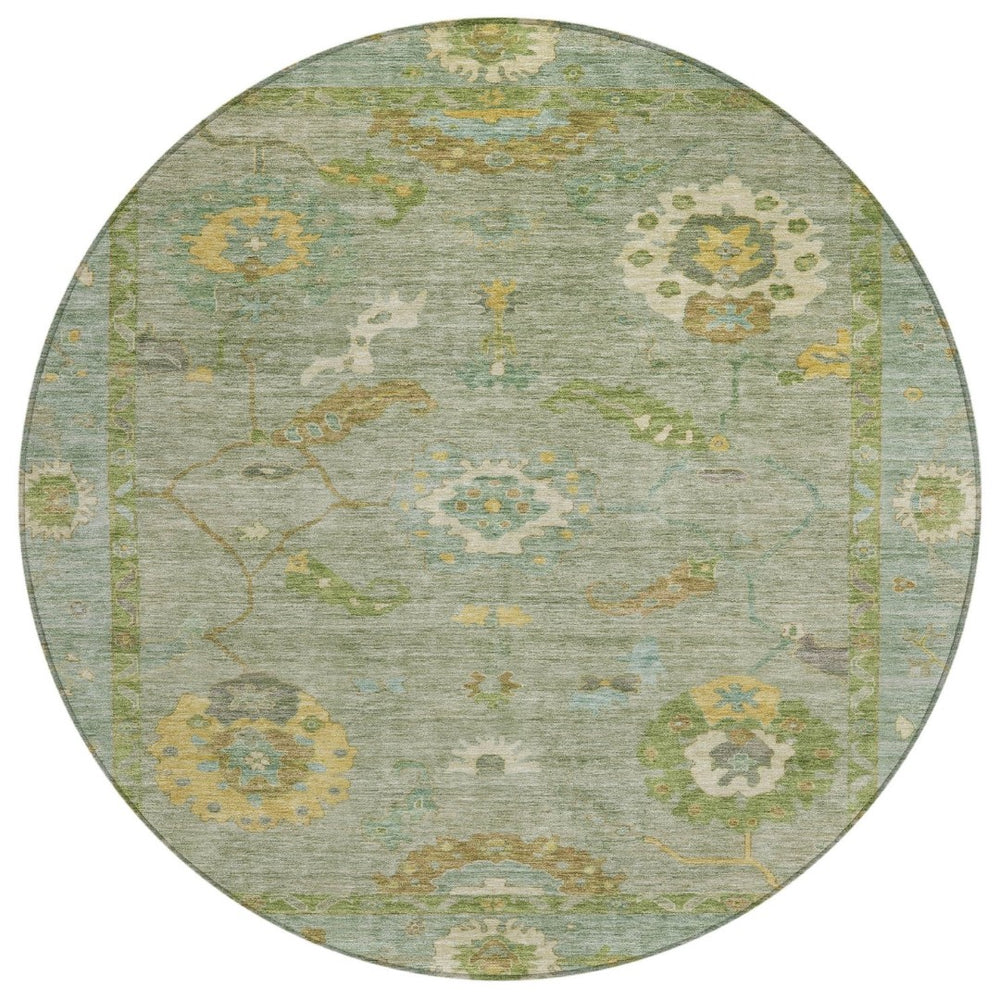 HomeRoots 8' Sage And Gold Round Floral Medallion Rug – Washable, Durable, Stylish for Indoor & Outdoor Use! 639499
