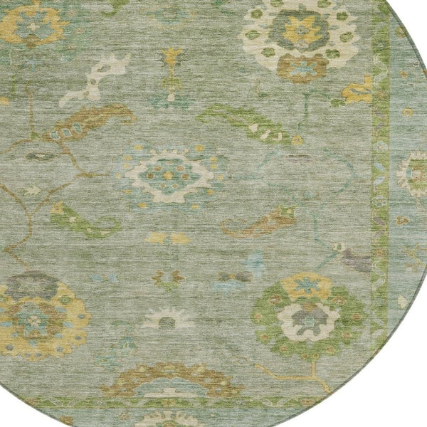 HomeRoots 8' Sage And Gold Round Floral Medallion Rug – Washable, Durable, Stylish for Indoor & Outdoor Use! 639499
