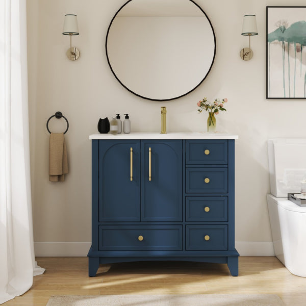 English Elm 35.6" Freestanding Bathroom Vanity with Roman Column Base and Ceramic Integrated Sink Blue W1801S00002