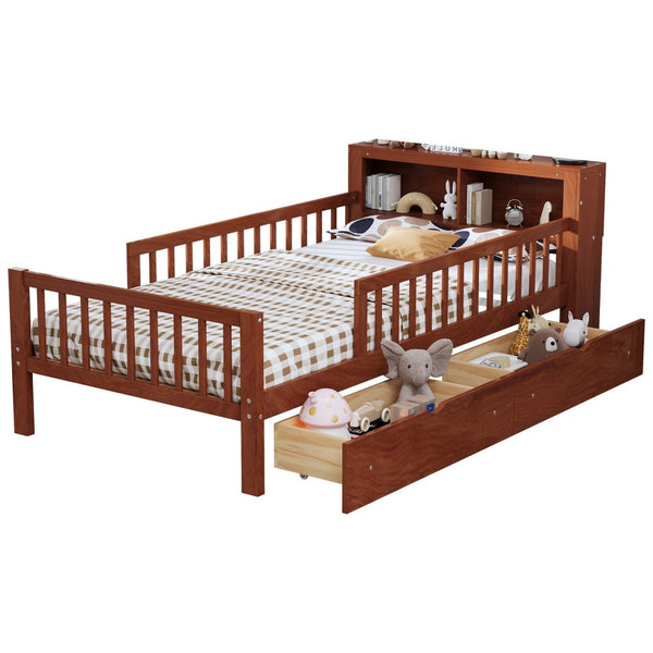 English Elm Twin Bed With Walnut Finish, Headboard Storage, Two Under-Bed Drawers & Safety Guardrails For Kids N733P272374D-GIGA
