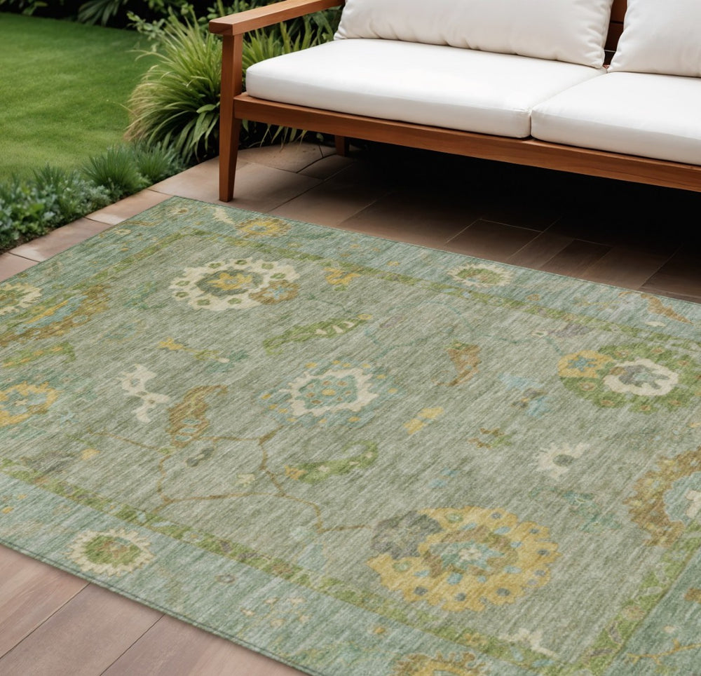 HomeRoots 10' Sage and Gold Floral Medallion Area Rug - Washable, Stain-Resistant, Perfect for Indoor & Outdoor Spaces 639502