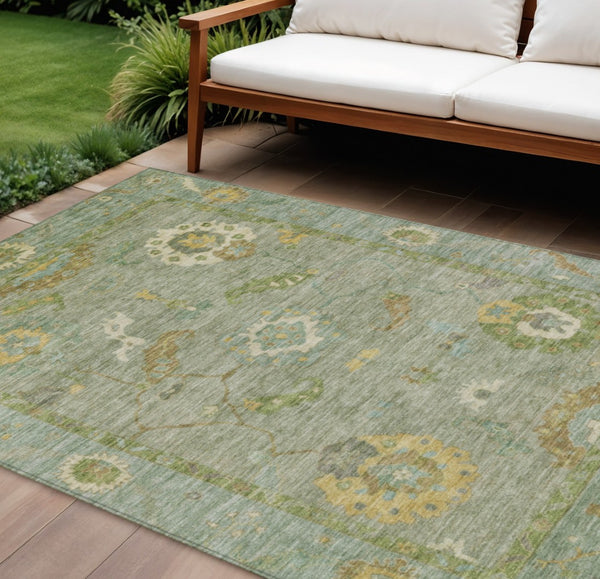 HomeRoots 10' Sage and Gold Floral Medallion Area Rug - Washable, Stain-Resistant, Perfect for Indoor & Outdoor Spaces 639502