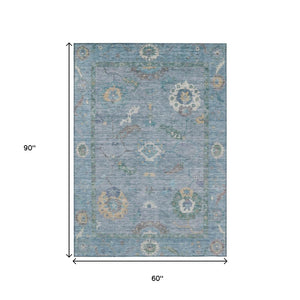 HomeRoots 5' Sky Blue & Ivory Floral Medallion Rug - Durable, Washable, Stylish for Indoor & Outdoor Spaces 639504