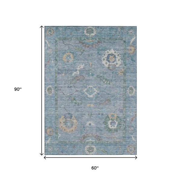 HomeRoots 5' Sky Blue & Ivory Floral Medallion Rug - Durable, Washable, Stylish for Indoor & Outdoor Spaces 639504