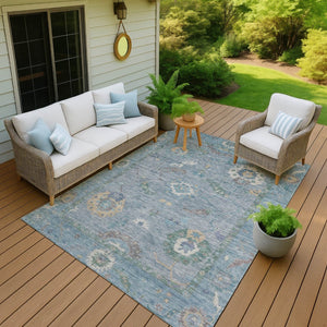 HomeRoots 5' Sky Blue & Ivory Floral Medallion Rug - Durable, Washable, Stylish for Indoor & Outdoor Spaces 639504