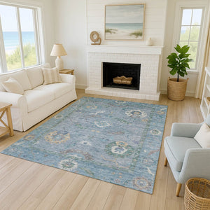 HomeRoots 5' Sky Blue & Ivory Floral Medallion Rug - Durable, Washable, Stylish for Indoor & Outdoor Spaces 639504