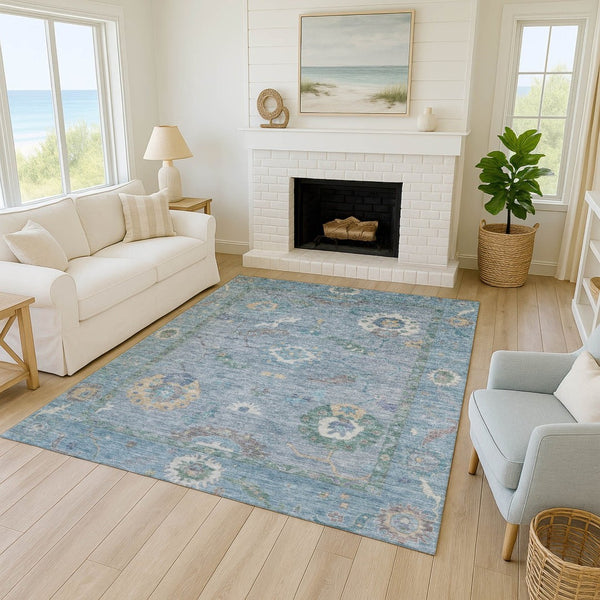 HomeRoots 5' Sky Blue & Ivory Floral Medallion Rug - Durable, Washable, Stylish for Indoor & Outdoor Spaces 639504