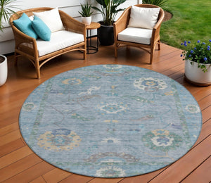 HomeRoots 8' Sky Blue Floral Medallion Rug - Washable Indoor/Outdoor Area Rug for High-Traffic Spaces & More 639505
