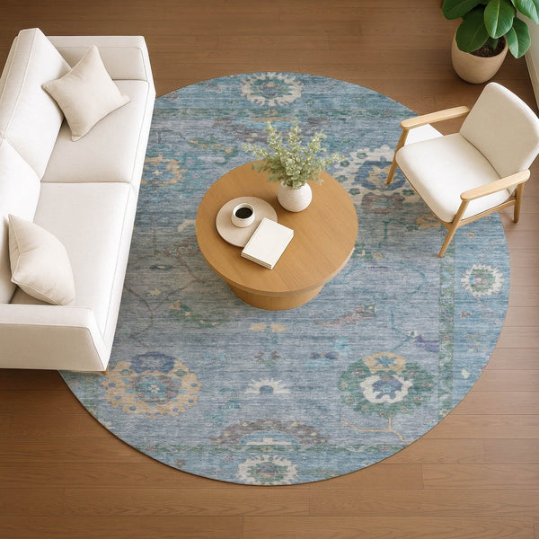 HomeRoots 8' Sky Blue Floral Medallion Rug - Washable Indoor/Outdoor Area Rug for High-Traffic Spaces & More 639505
