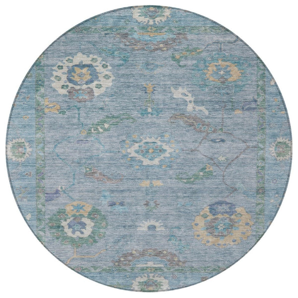 HomeRoots 8' Sky Blue Floral Medallion Rug - Washable Indoor/Outdoor Area Rug for High-Traffic Spaces & More 639505