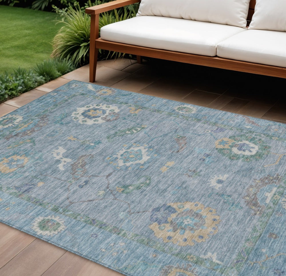 HomeRoots 10' Sky Blue and Ivory Floral Medallion Area Rug - Durable, Washable for Indoor & Outdoor Spaces 639508