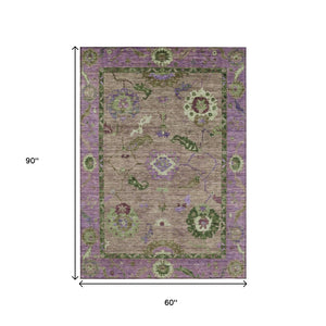 HomeRoots 5' X 8' Floral Medallion Area Rug - Brown, Lavender & Ivory - Washable for Indoor & Outdoor Use! 639510