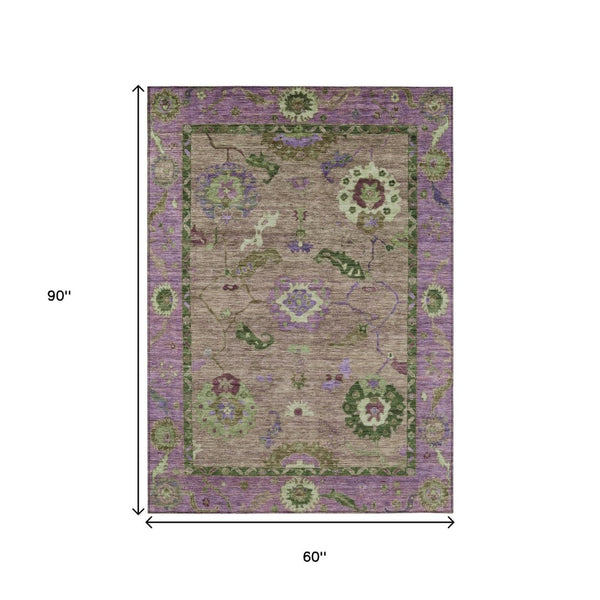 HomeRoots 5' X 8' Floral Medallion Area Rug - Brown, Lavender & Ivory - Washable for Indoor & Outdoor Use! 639510