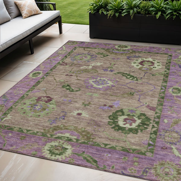 HomeRoots 5' X 8' Floral Medallion Area Rug - Brown, Lavender & Ivory - Washable for Indoor & Outdoor Use! 639510