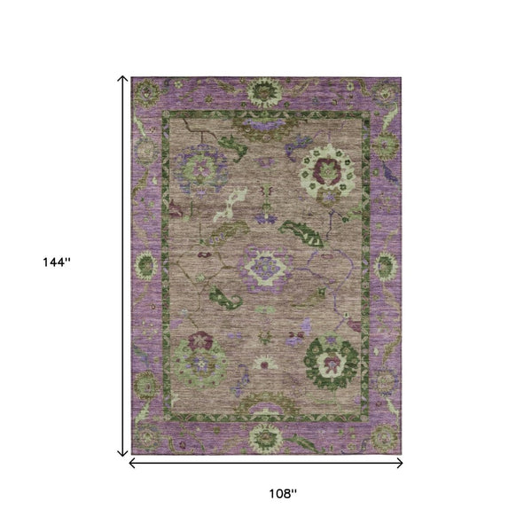 HomeRoots 9' X 12' Elegant Brown Lavender Floral Medallion Area Rug - Durable, Washable for Indoor & Outdoor Use 639513