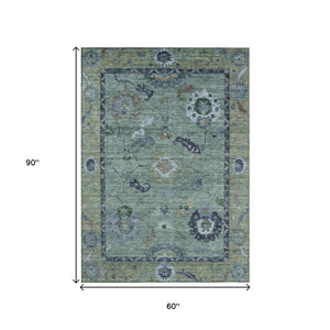 HomeRoots 5' X 8' Green and Blue Floral Medallion Rug - Stylish, Washable, Indoor/Outdoor Durability & Elegance 639516