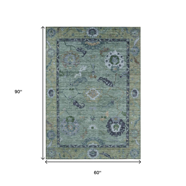 HomeRoots 5' X 8' Green and Blue Floral Medallion Rug - Stylish, Washable, Indoor/Outdoor Durability & Elegance 639516