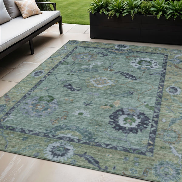 HomeRoots 5' X 8' Green and Blue Floral Medallion Rug - Stylish, Washable, Indoor/Outdoor Durability & Elegance 639516