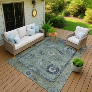 HomeRoots 5' X 8' Green and Blue Floral Medallion Rug - Stylish, Washable, Indoor/Outdoor Durability & Elegance 639516
