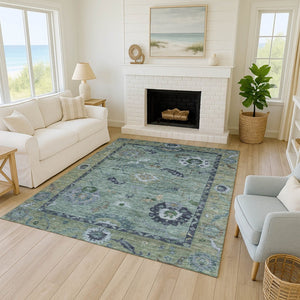 HomeRoots 5' X 8' Green and Blue Floral Medallion Rug - Stylish, Washable, Indoor/Outdoor Durability & Elegance 639516