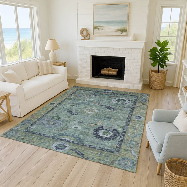 HomeRoots 5' X 8' Green and Blue Floral Medallion Rug - Stylish, Washable, Indoor/Outdoor Durability & Elegance 639516