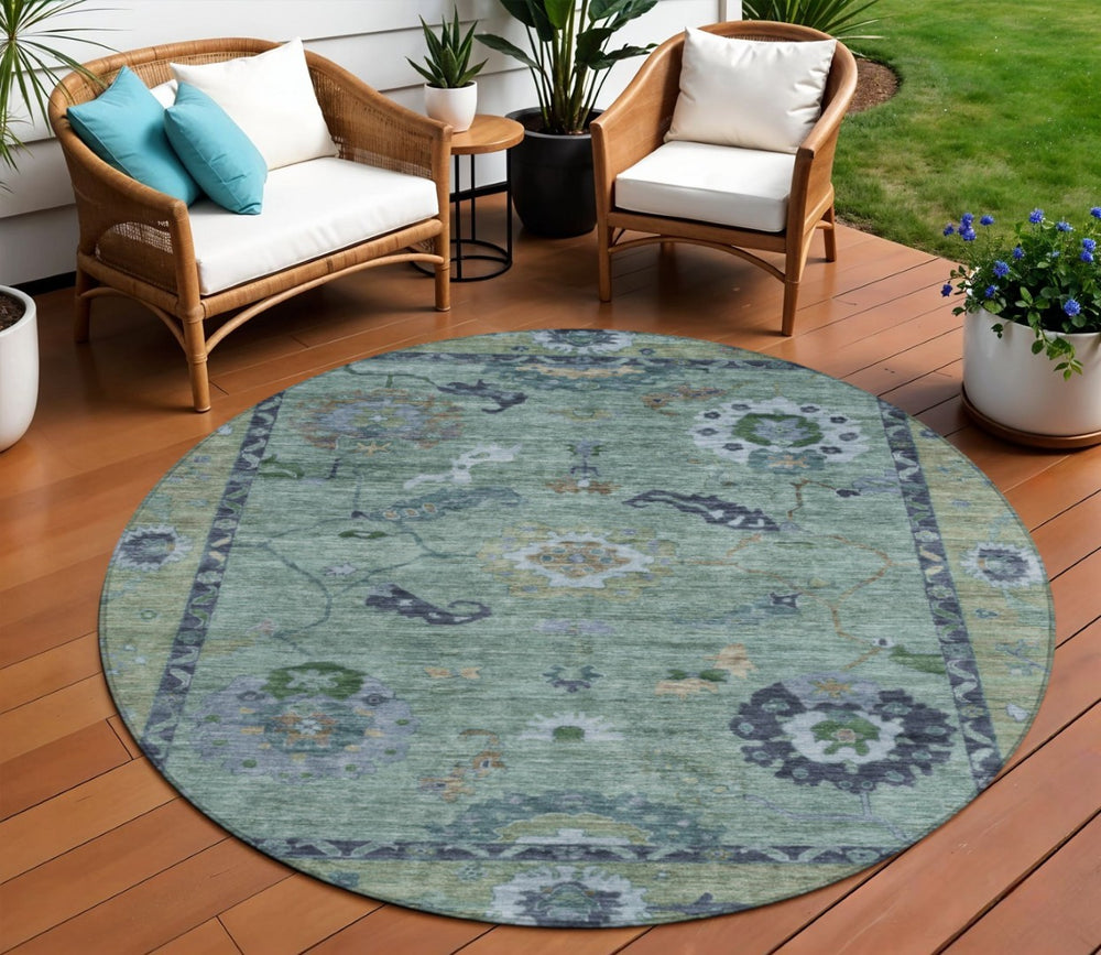 HomeRoots 8' Round Floral Medallion Area Rug in Green & Blue – Washable, Durable, Perfect for Indoor & Outdoor Use 639517